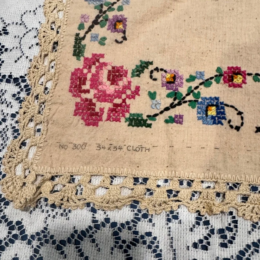 Vintage Embroidered Table Cloth Colorful Floral Cross Stitch Crochet‎ Edge 48x53